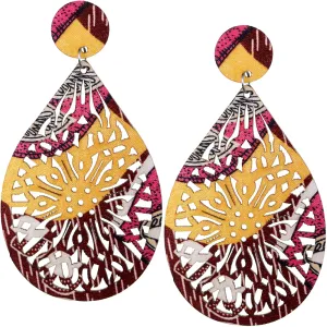 Yellow Pink Multicolor Evil Eye Wooden Teardrop Earrings